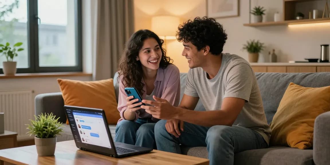 Couple enjoying conversation with girlfriend AI on smartphone in stylish apartment