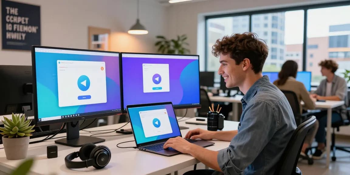 Engaging with Telegram web version in a modern workspace for effective communication.