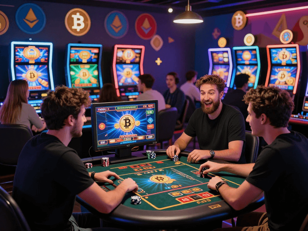 Excited players at an online crypto casino surrounded by vibrant gaming tables and cryptocurrency themes.