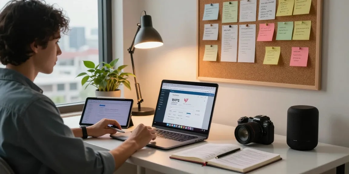Home office scene with WPS Download displayed on laptop, showcasing productivity tools and an urban view.