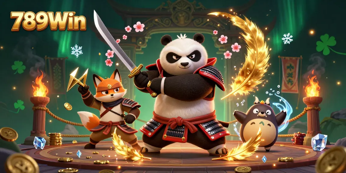 Engage in thrilling action with 789Win as samurai panda and ninja fox battle in a vibrant casino scene.
