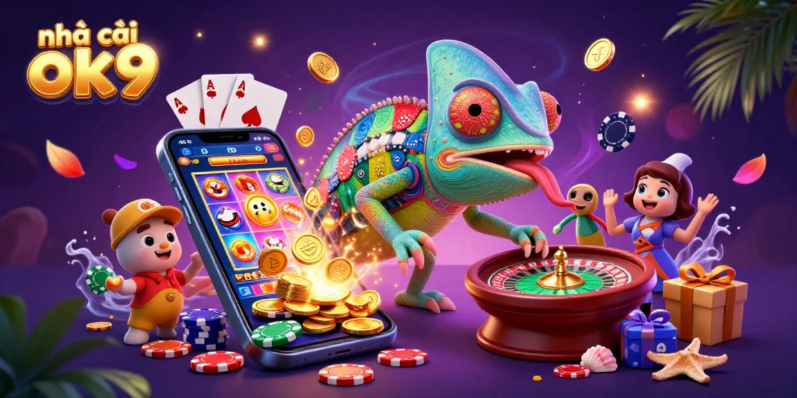 Experience the excitement of nhà cái ok9 with a vibrant casino scene featuring a chameleon owner, slot games, and poker elements.