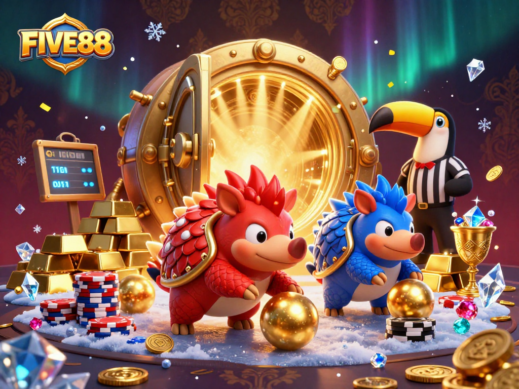 Engage in FIVE88 gaming action with colorful pangolins competing amid gold, gems, and poker chips.