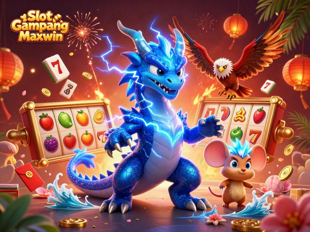 Spin and win with Slot Gampang Maxwin in a vibrant casino celebration scene filled with dynamic elements.