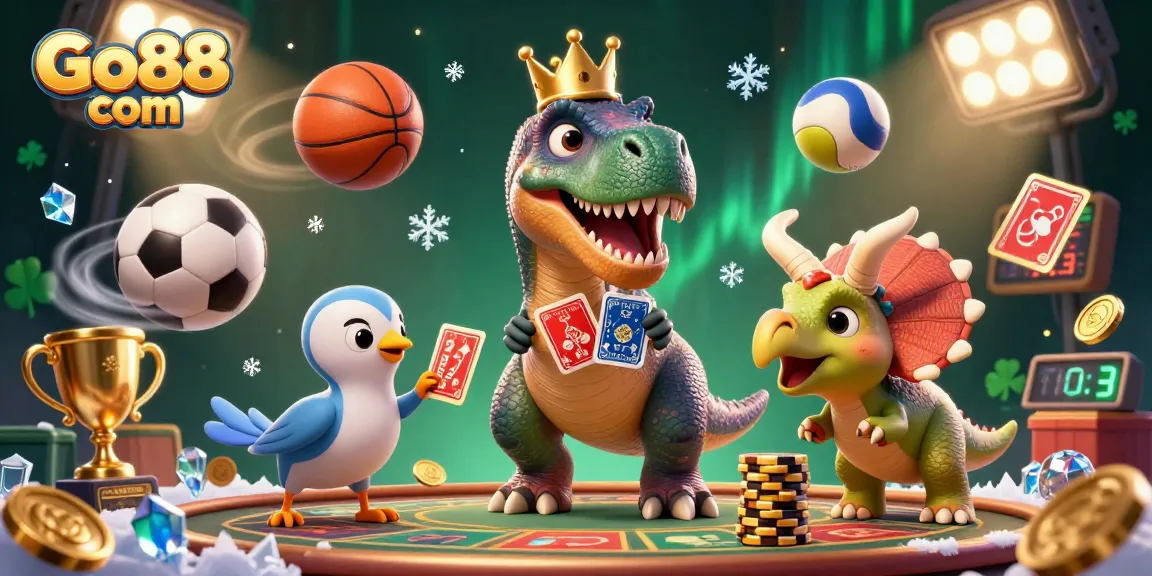 Engage in exciting gameplay at Go88 com with animated dinosaurs and casino elements, showcasing vibrant colors.