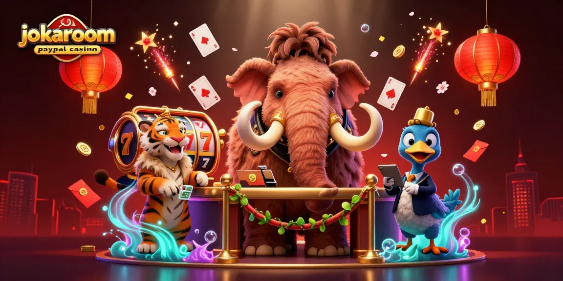 Engage with the dynamic scenes at jokaroom paypal casino where a woolly mammoth bouncer checks IDs near exciting gambling elements.