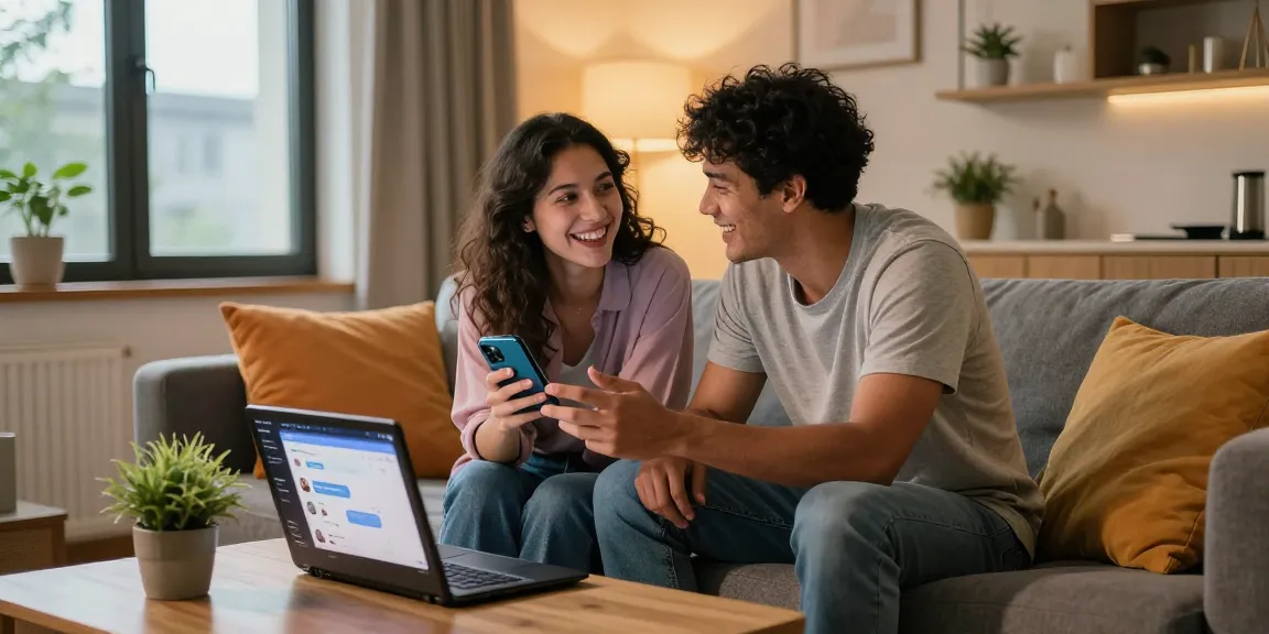 Couple enjoying conversation with girlfriend AI on smartphone in stylish apartment