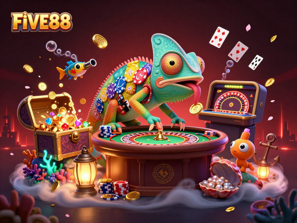 Experience the thrill of gaming at FIVE88 with our vibrant casino illustration featuring a chameleon owner.