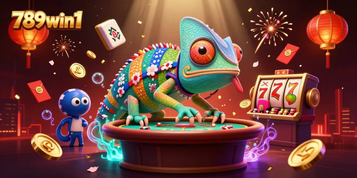 Experience the colorful world of 789win1 with a vibrant chameleon and casino elements.