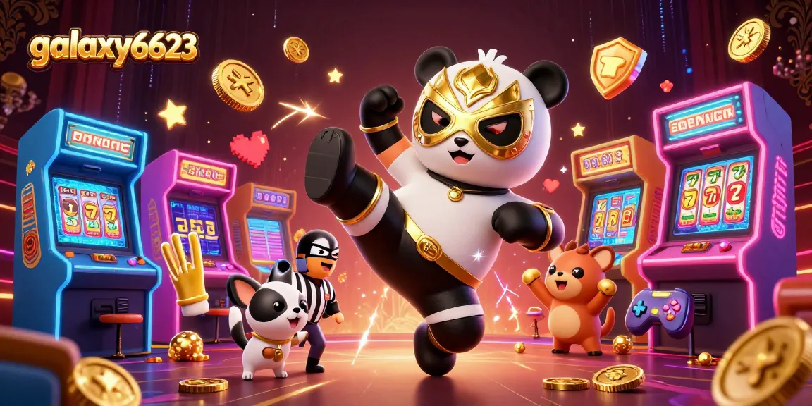 Experience the thrill of galaxy6623 with a wrestling panda and vibrant casino elements.