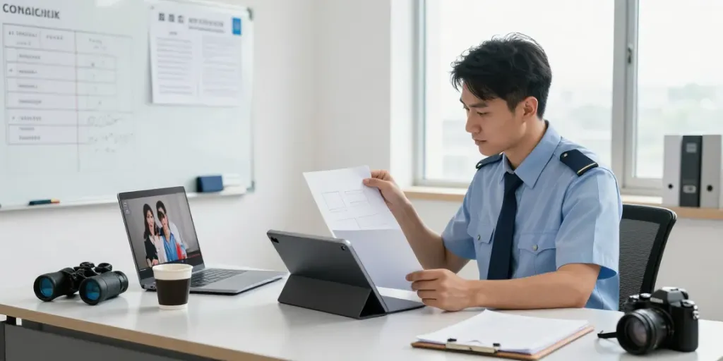 Investigator analyzing case documents in a well-lit office for goodtam private investigation agency.