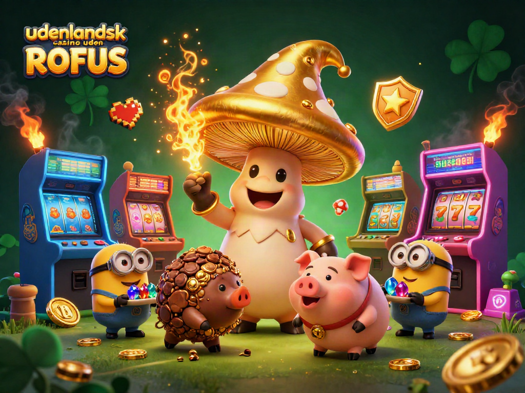Engaging scene depicting udenlandsk casino uden ROFUS with a magical mushroom wizard, treasure, and dynamic gaming elements.