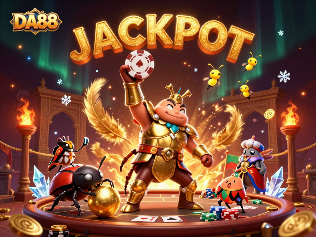 DA88 showcases a victorious beetle lifting a poker chip amidst a dynamic casino scene.