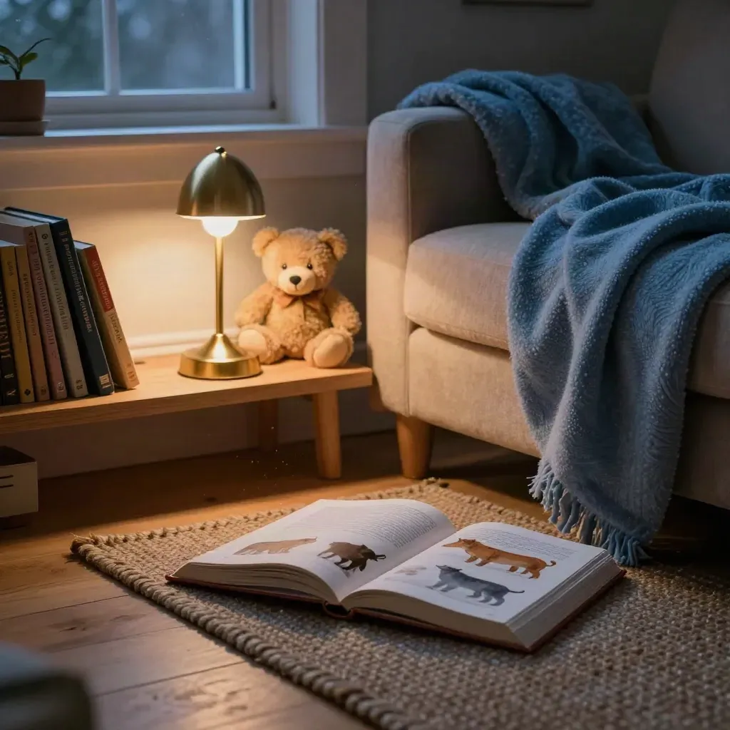 Läshörna i vinterdunkel med uppslagen bilderbok, ullpläd, nalle och bordslampa.