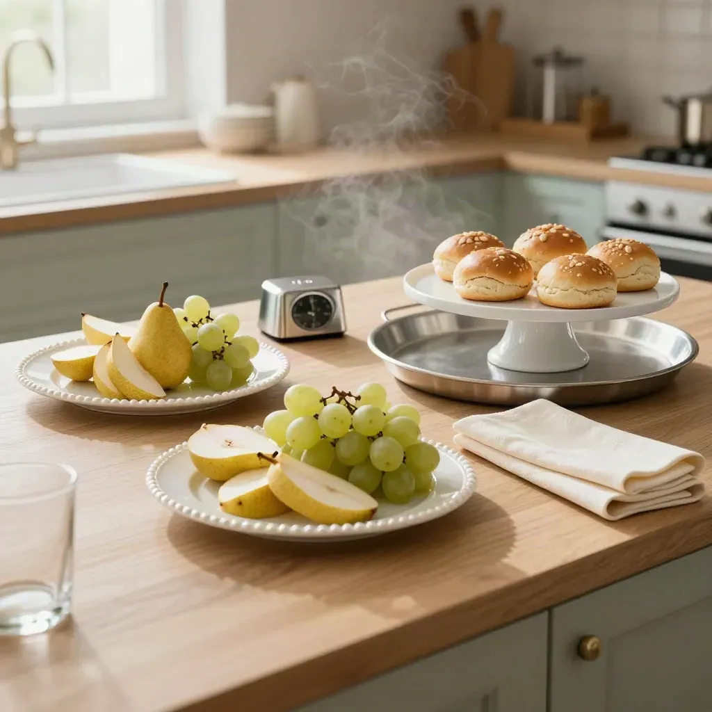 Brickor med frukt, bullar och tårtfat glider in på en ljus köksbänk.