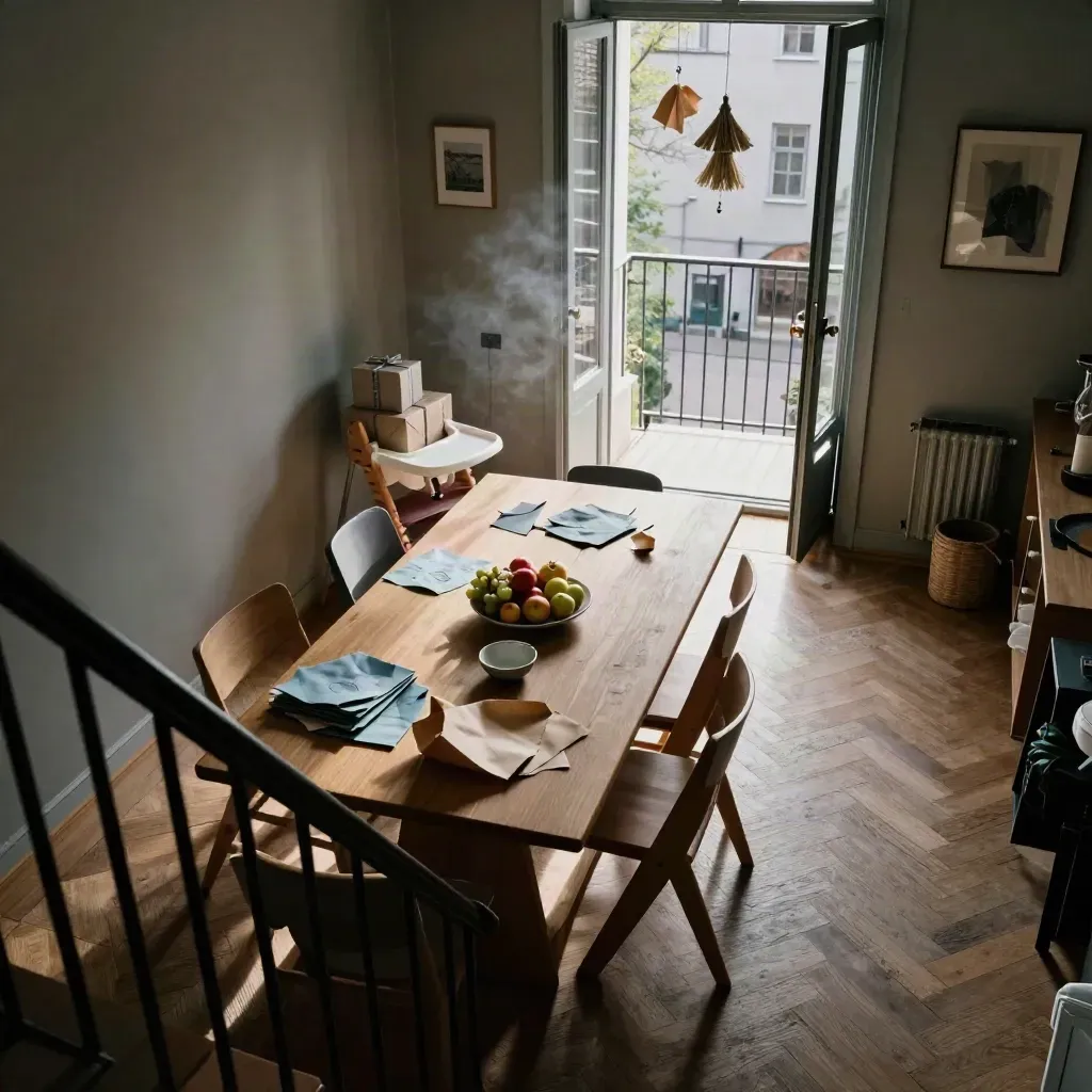 Hög vinkel över ett lugnt barnkalas i en Malmö-lägenhet med öppen balkongdörr.