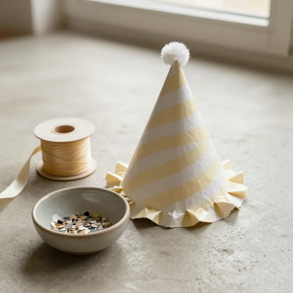 Skrynklig randig partyhatt med pompom, bandspole och konfettiskål på ljus sten.