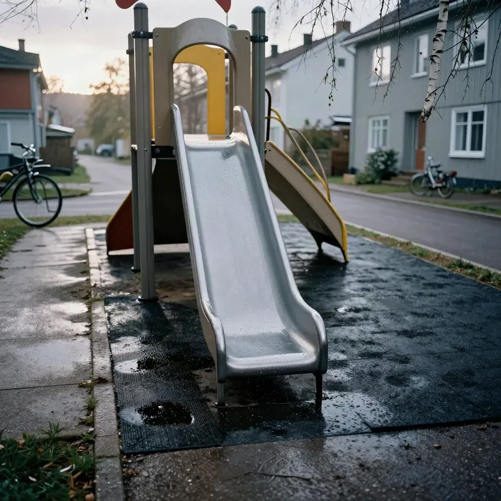 Tom rutschkana på blöt lekplats med cykel och björkgrenar i kvällsljus.
