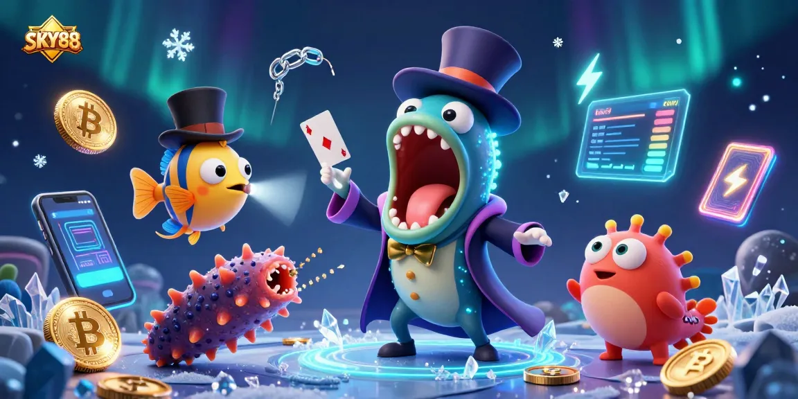 SKY88 promotes exciting casino adventures with card tricks by deep-sea creatures in an action-packed scene.