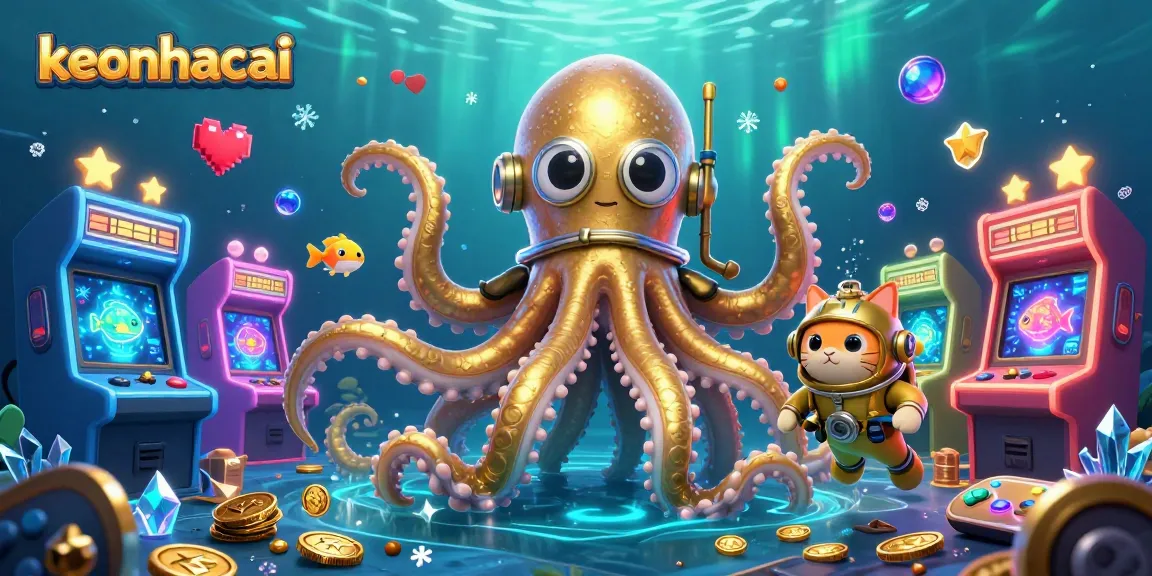Engage in dynamic gaming with keonhacai, featuring a colossal kraken and diving cat among bright casino arcade elements.