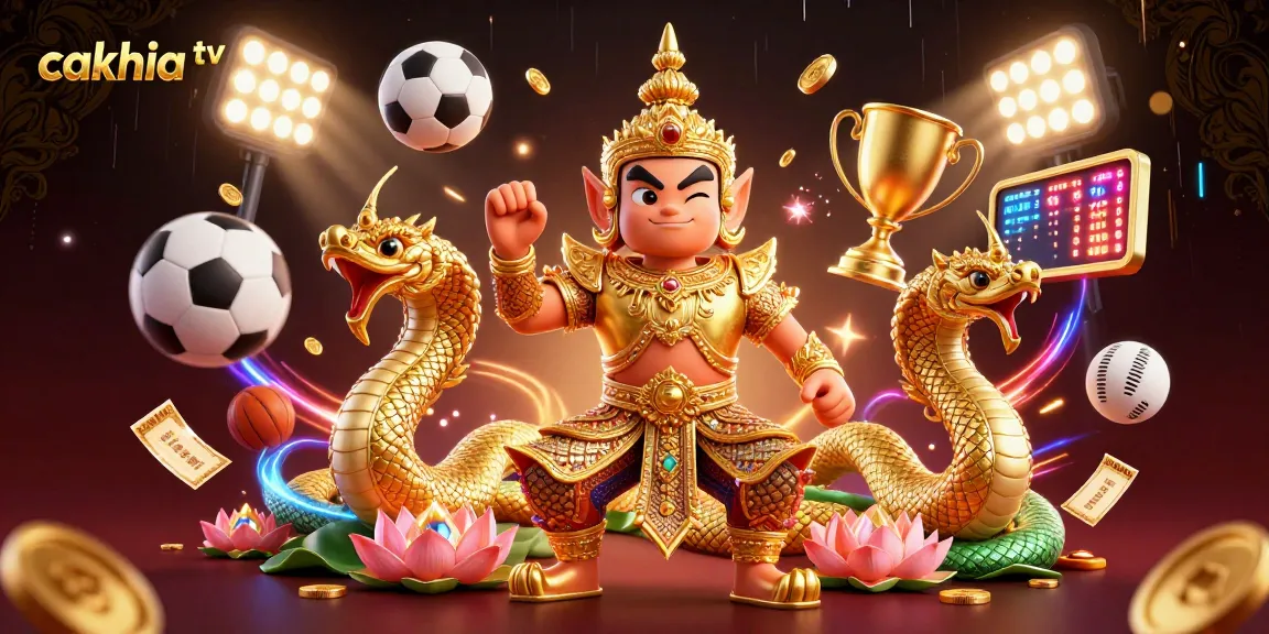 Cakhia tv sports betting action scene featuring dynamic 3D guardians, sports balls, and golden trophy elements.