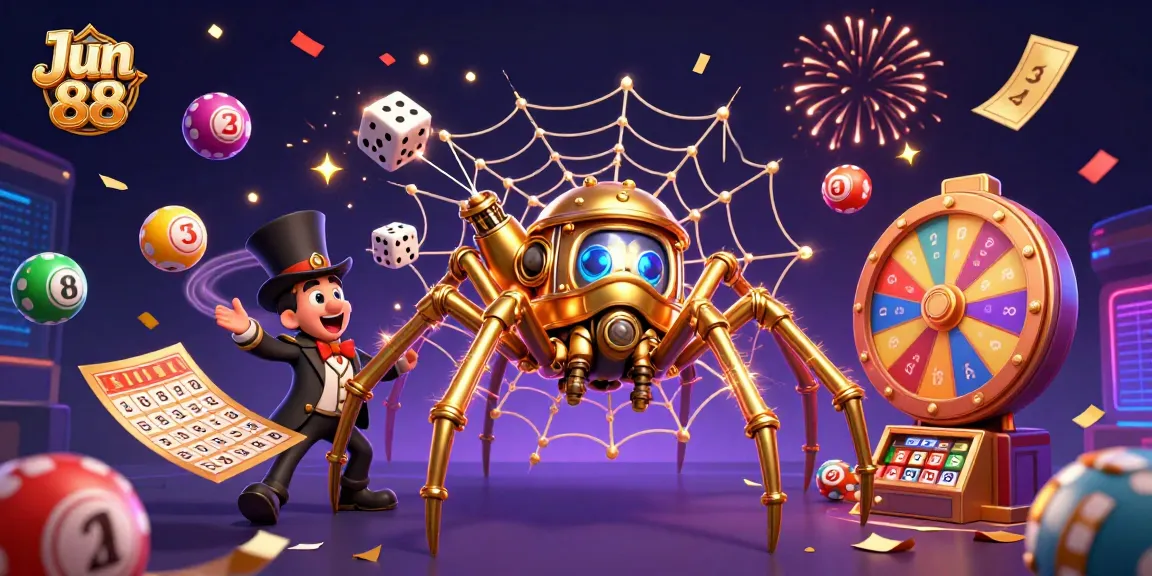 Engage with the fun of Jun 88 in this colorful 3D scene filled with casino excitement and playful elements.