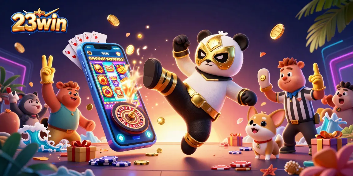 Experience high-energy gaming with 23win featuring a wrestling panda and dazzling casino elements.
