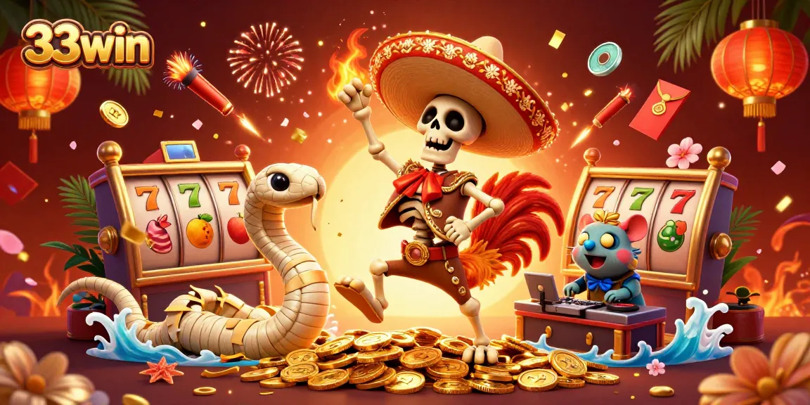 Engage with exciting Wins at 33win: Celebrate with vibrant casino characters in a dynamic scene.