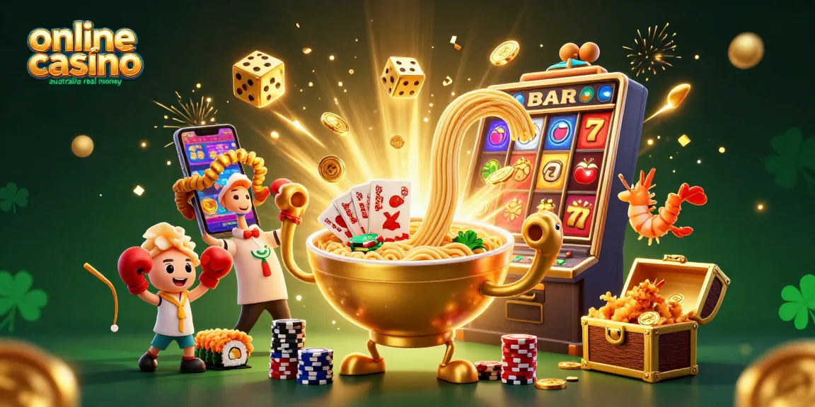 Experience excitement at an online casino australia real money with a vibrant 3D scene featuring casino elements and characters.