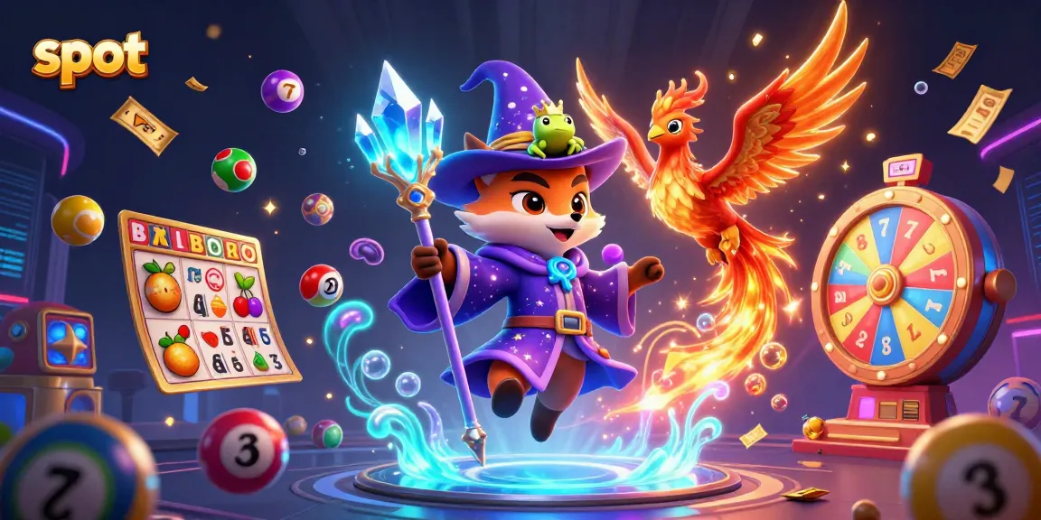 Engage with the slot game world through a mystical scene featuring vibrant slots, lottery elements, and dynamic characters.