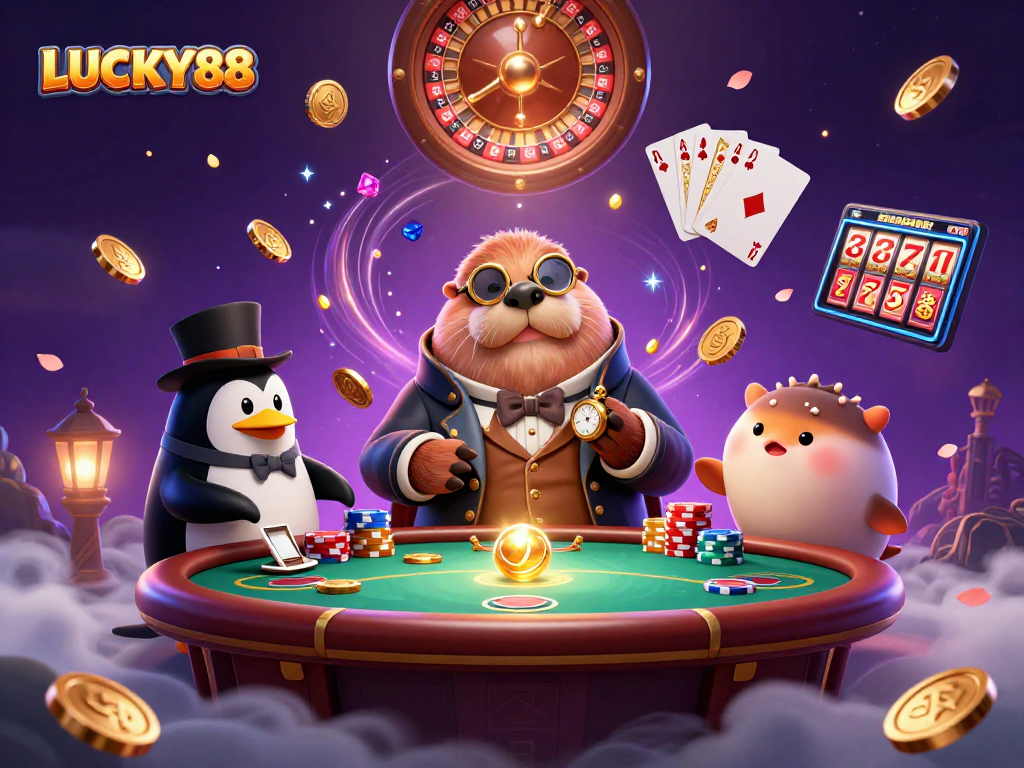 Lucky88 walrus in Victorian outfit playing poker underwater with a penguin dealer and a pufferfish, showcasing vibrant casino elements.