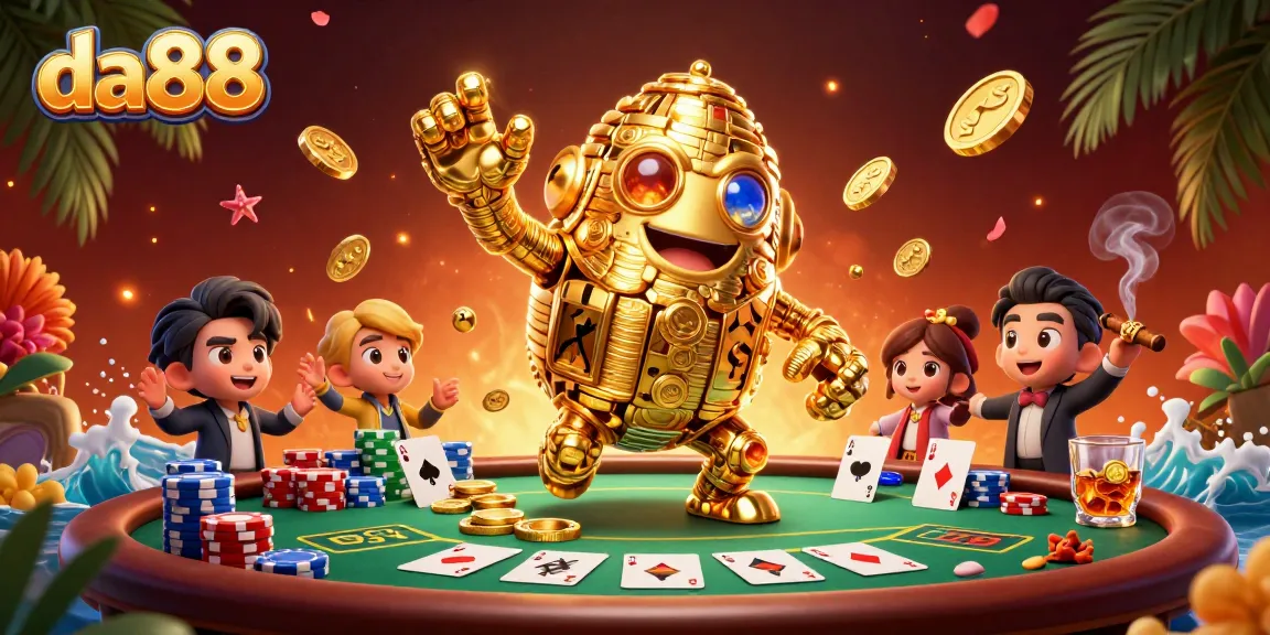 Experience the thrill of da88 with a vibrant poker scene showcasing a golden golem and dynamic gaming elements.