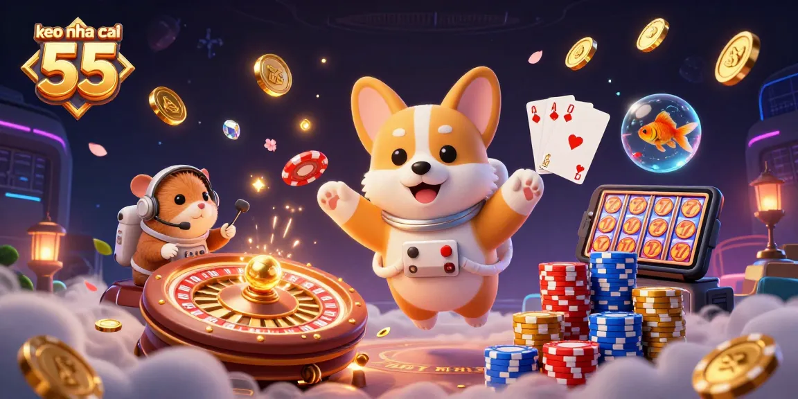 Engage with keo nha cai 55 as a 3D astronaut corgi and friends play in a vivid space casino scene.