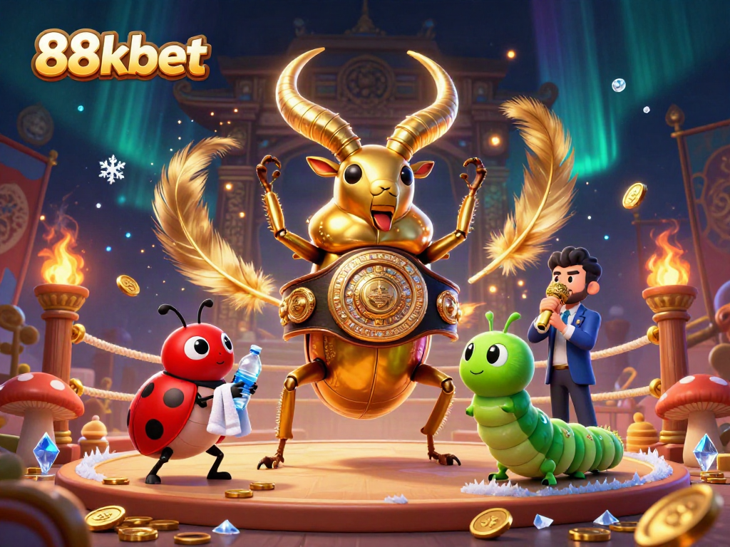 Experience the excitement of 88kbet as a golden stag beetle squares off in a dynamic casino-themed boxing match.
