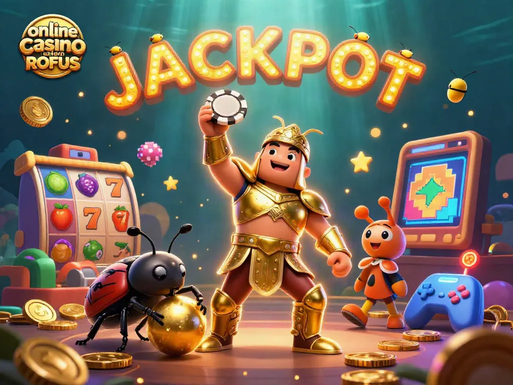 Experience online casino uden ROFUS with vibrant slot reels and a heroic beetle in this detailed illustration.