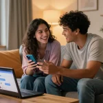 Couple enjoying conversation with girlfriend AI on smartphone in stylish apartment